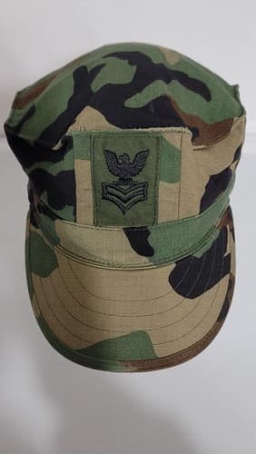 US Navy Woodland Camo Utility Cover Hat PO2 Rank 8-Point Cap – Size: (Large) - Thumbnail 5