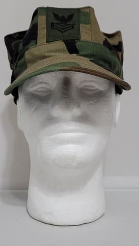 US Navy Woodland Camo Utility Cover Hat PO2 Rank 8-Point Cap – Size: (Large)