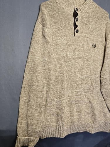 Chaps Men's Size XL Beige Marled Knit Button Mock Neck Sweater Cotton #S72t - Thumbnail 3
