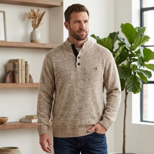 Chaps Men's Size XL Beige Marled Knit Button Mock Neck Sweater Cotton #S72t