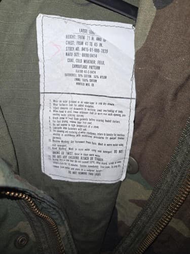 US Army M65 Field Jacket Woodland Camo Coat Large Long 8415-01-099-7839 VGC - Thumbnail 8