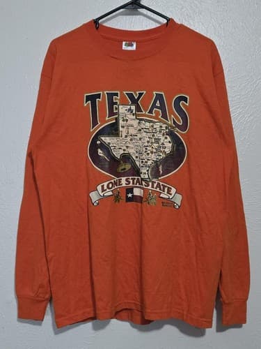 Fruit of the Loom Texas Lone Star State Long Sleeve T-Shirt Large Orange