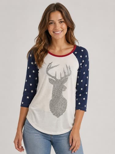 Women's Size Medium Patriotic Deer Glitter Graphic Raglan 3/4 Sleeve Shirt #T38h