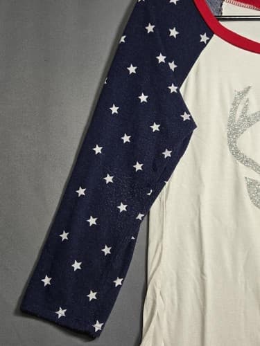 Women's Size Medium Patriotic Deer Glitter Graphic Raglan 3/4 Sleeve Shirt #T38h - Thumbnail 3