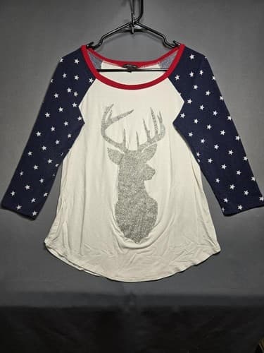 Women's Size Medium Patriotic Deer Glitter Graphic Raglan 3/4 Sleeve Shirt #T38h - Thumbnail 2