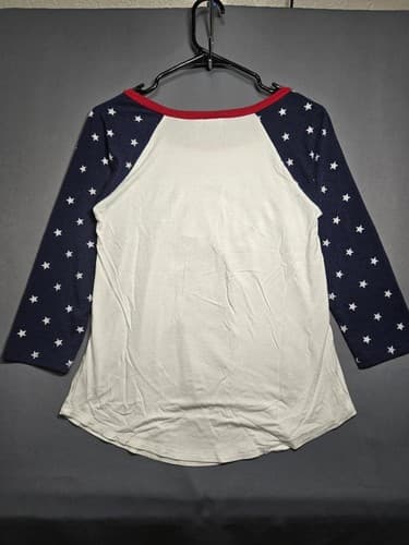 Women's Size Medium Patriotic Deer Glitter Graphic Raglan 3/4 Sleeve Shirt #T38h - Thumbnail 6