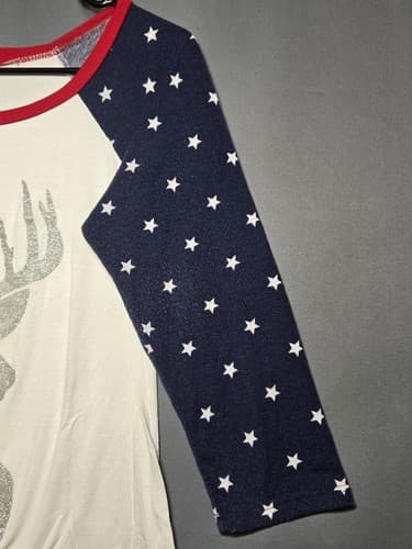 Women's Size Medium Patriotic Deer Glitter Graphic Raglan 3/4 Sleeve Shirt #T38h - Thumbnail 4