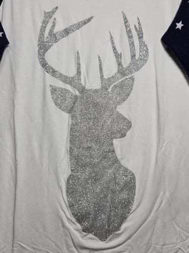 Women's Size Medium Patriotic Deer Glitter Graphic Raglan 3/4 Sleeve Shirt #T38h - Thumbnail 5