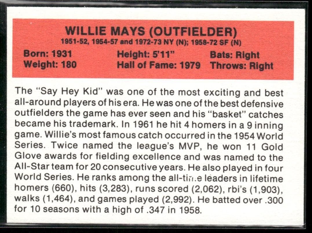 1987 Hygrade All-Time Greats Willie Mays #NNO San Francisco Giants - Thumbnail 2