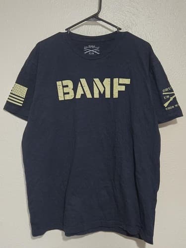 Grunt Style B@MF Graphic T-Shirt Navy Blue Flag Sleeve Patriotic Tee Mens L