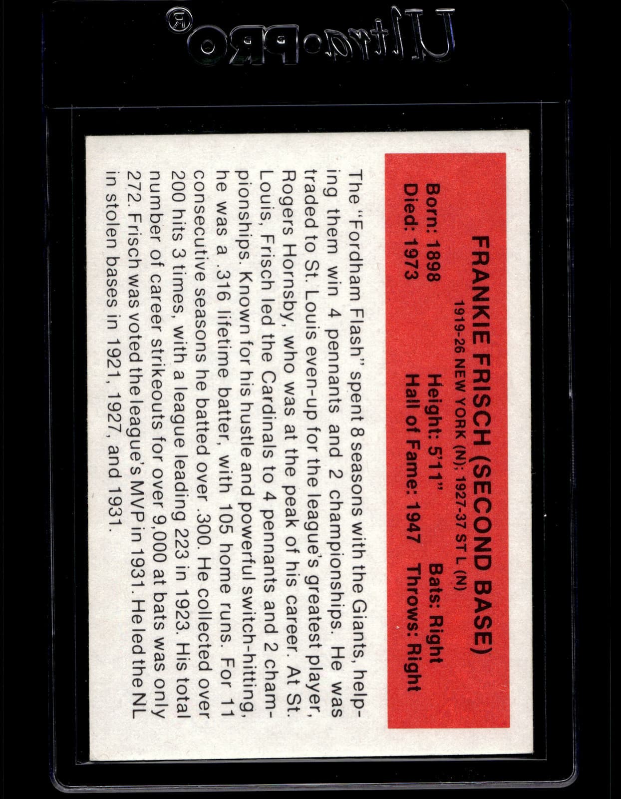 1987 Hygrade All-Time Greats Frankie Frisch NNO VAR No Logo Uniform Baseball - Thumbnail 2