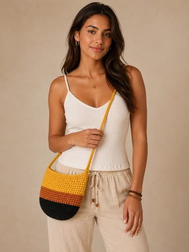 Handmade Boho Crochet Crossbody Bag Mustard Orange Black Knit Festival Purse #G5