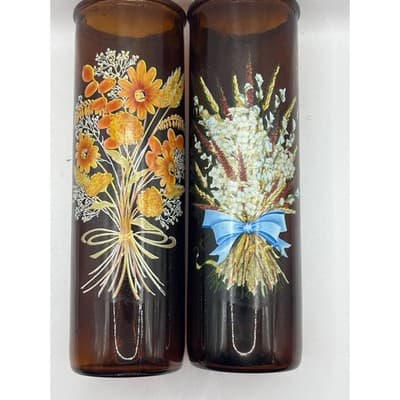 Vintage Amber Glass Floral Vases Set of 2 – 1970s Brown Glass Painted Bouquet