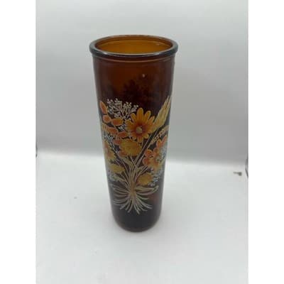 Vintage Amber Glass Floral Vases Set of 2 – 1970s Brown Glass Painted Bouquet - Thumbnail 5