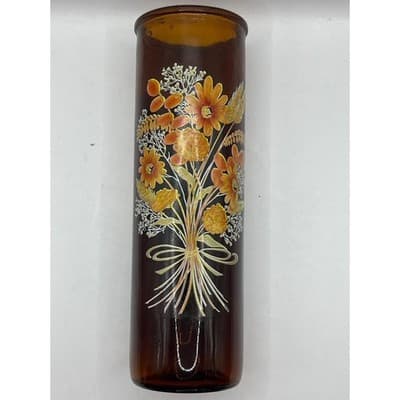 Vintage Amber Glass Floral Vases Set of 2 – 1970s Brown Glass Painted Bouquet - Thumbnail 7