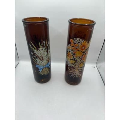 Vintage Amber Glass Floral Vases Set of 2 – 1970s Brown Glass Painted Bouquet - Thumbnail 4