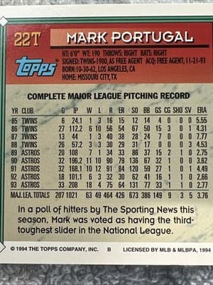 1994 Topps Traded - Mark Portugal #22T (m2) - Thumbnail 3