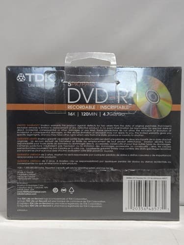 TDK DVD-R 4.7GB 120min Recordable Discs 5-Pack — DVD-R47FS5 New Sealed#M50m - Thumbnail 2