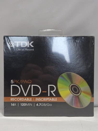 TDK DVD-R 4.7GB 120min Recordable Discs 5-Pack — DVD-R47FS5 New Sealed#M50m