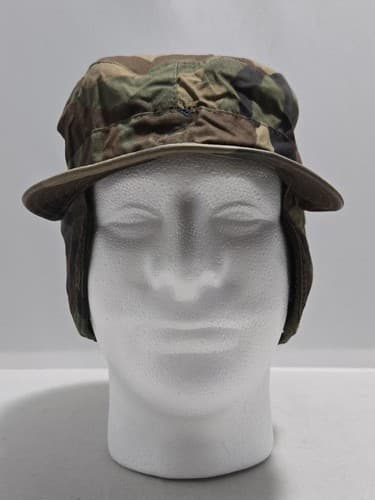Vintage US Army Woodland Camo Cold Weather Cap 7 1/4 USGI 8415-01-084-1086 VGC - Thumbnail 2