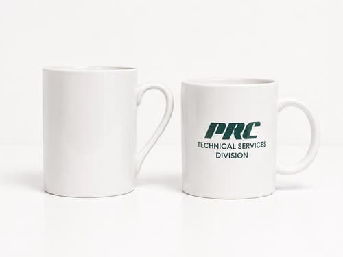 Lot of 2 Mismatched White Ceramic Coffee Mugs Gibson Gold Trim & PRC Promo Cup