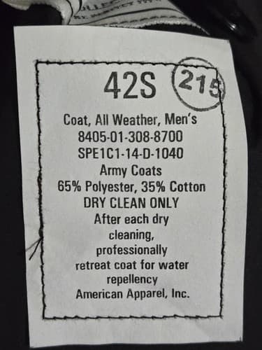DSCP Garrison Trench Coat Men's 42/S NSN:8405-01-308-1040 #E65e