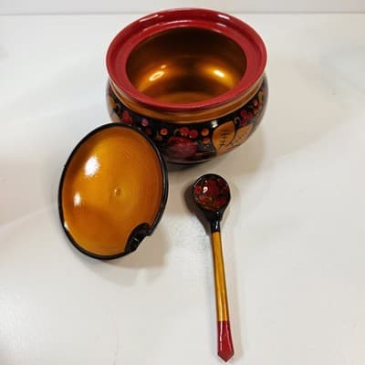 Vtg Lacquered Lidded Bowl w/ Spoon Strawberry Design Hand Painted Wood Lacquer - Thumbnail 4