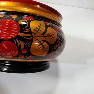 Vtg Lacquered Lidded Bowl w/ Spoon Strawberry Design Hand Painted Wood Lacquer - Thumbnail 11