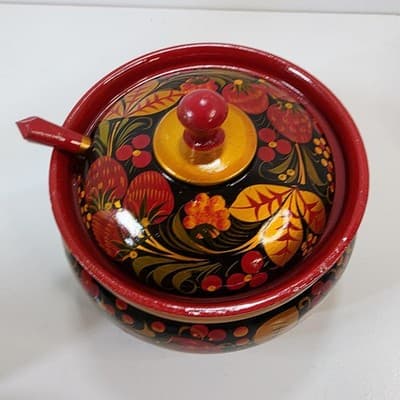Vtg Lacquered Lidded Bowl w/ Spoon Strawberry Design Hand Painted Wood Lacquer - Thumbnail 3