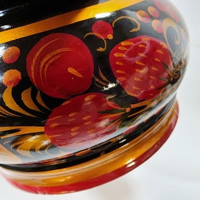 Vtg Lacquered Lidded Bowl w/ Spoon Strawberry Design Hand Painted Wood Lacquer - Thumbnail 10