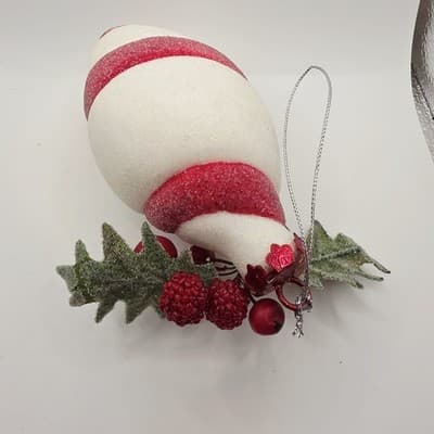 2 pc Red & White Peppermint Striped Sugared Teardrop Shaped Xmas Ornaments - Thumbnail 6