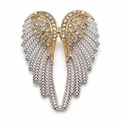 Gold Tone and White Enamel Angel Wings w/ Clear Rhinestones Brooch Pin