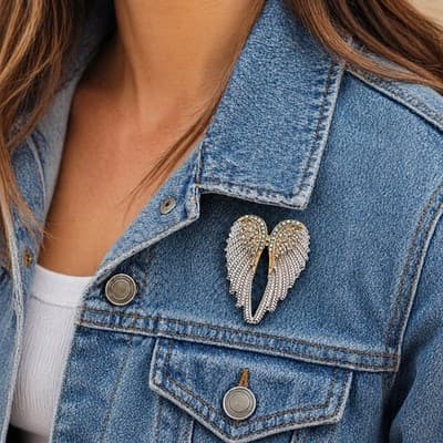Gold Tone and White Enamel Angel Wings w/ Clear Rhinestones Brooch Pin - Thumbnail 2