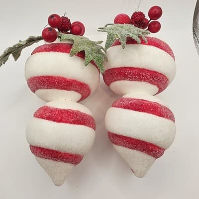 2 pc Red & White Peppermint Striped Shatterproof Sugared Teardrop Xmas Ornaments - Thumbnail 2