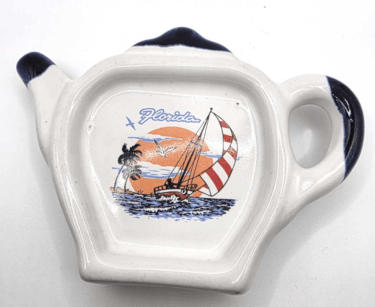 Vintage Florida Souvenir Stoneware Tea Bag Holder Teapot Shaped Sailboat Graphic