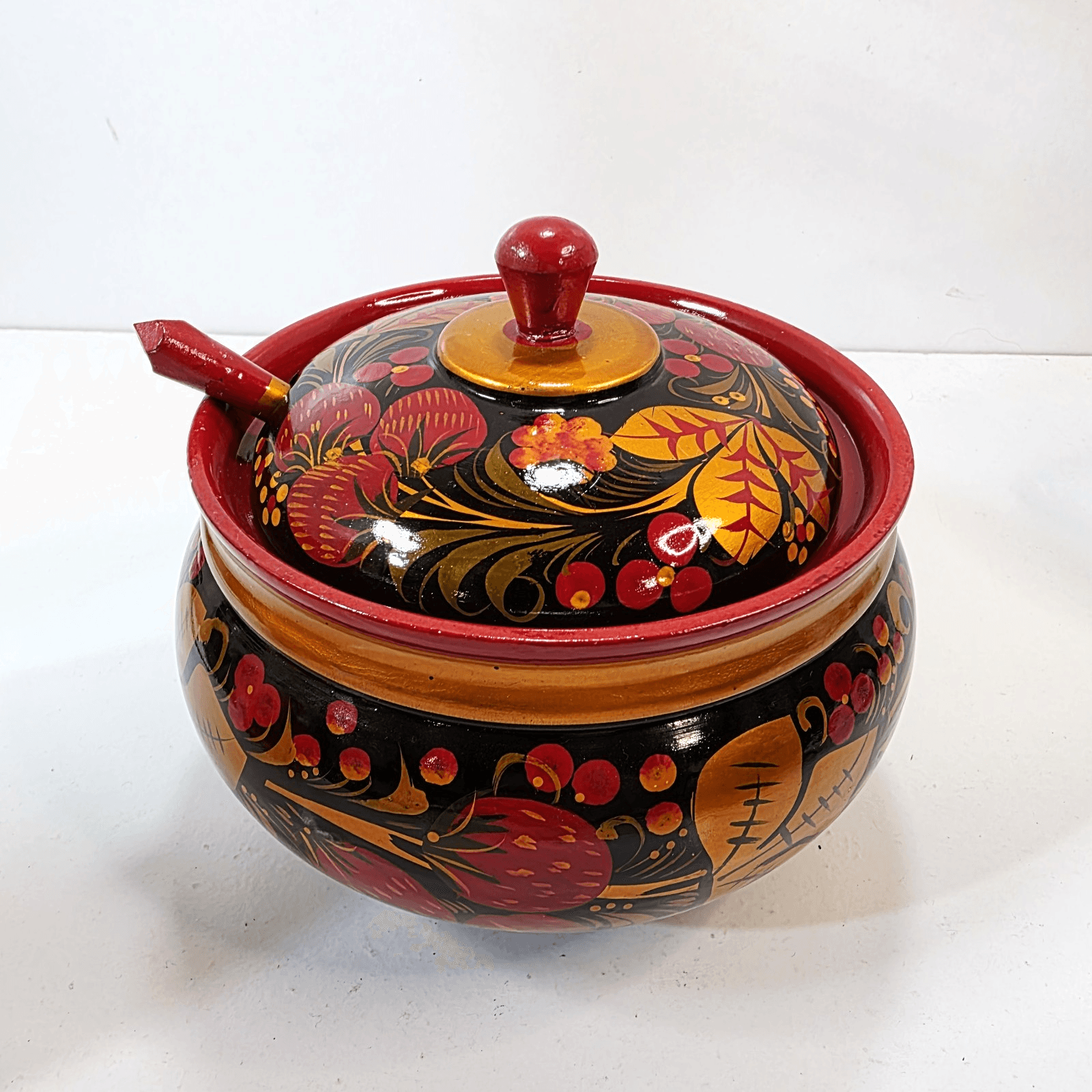 Vtg Lacquered Lidded Bowl w/ Spoon Strawberry Design Hand Painted Wood Lacquer - Thumbnail 2