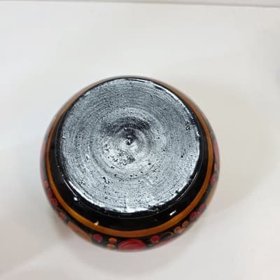 Vtg Lacquered Lidded Bowl w/ Spoon Strawberry Design Hand Painted Wood Lacquer - Thumbnail 8
