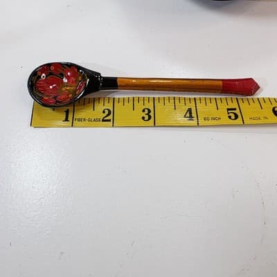 Vtg Lacquered Lidded Bowl w/ Spoon Strawberry Design Hand Painted Wood Lacquer - Thumbnail 14