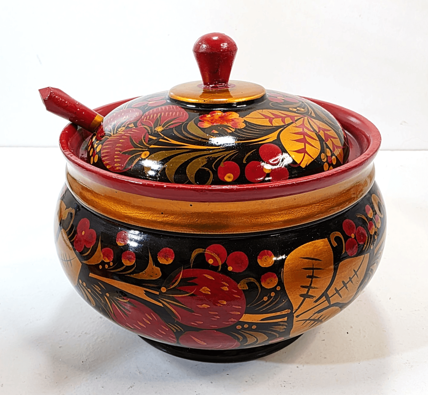 Vtg Lacquered Lidded Bowl w/ Spoon Strawberry Design Hand Painted Wood Lacquer