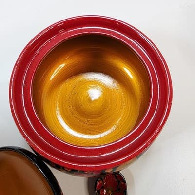 Vtg Lacquered Lidded Bowl w/ Spoon Strawberry Design Hand Painted Wood Lacquer - Thumbnail 6