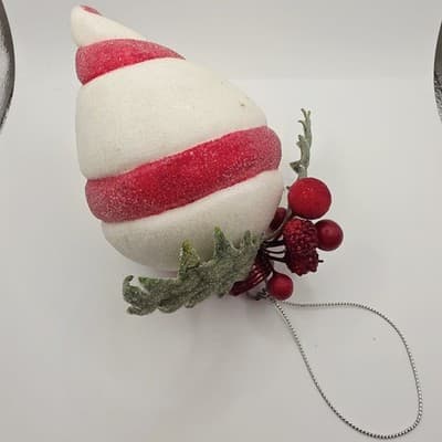 2 pc Red & White Peppermint Striped Sugared Teardrop Shaped Xmas Ornaments - Thumbnail 3
