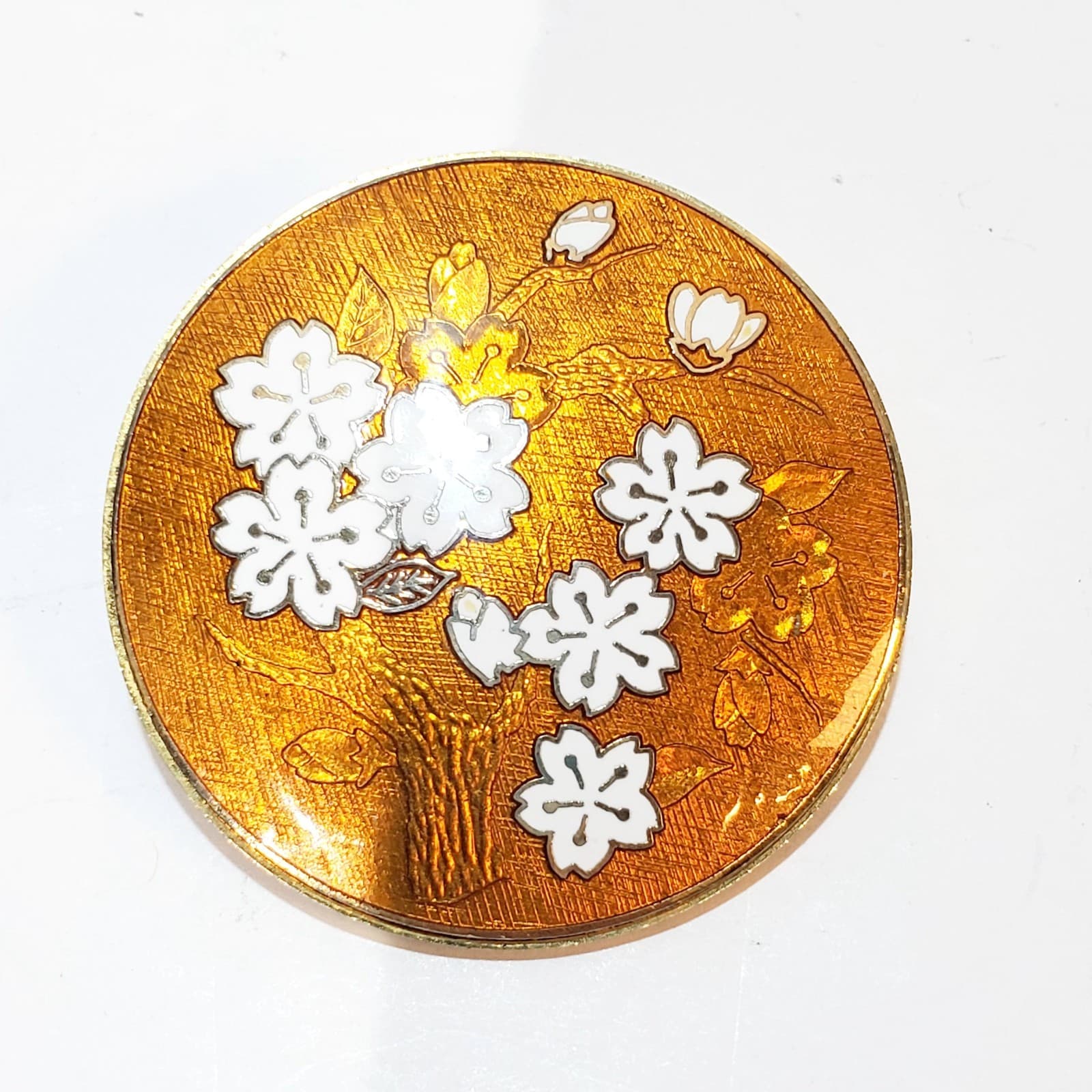 Vintage Gold Tone Metal and Enamel Round Floral Brooch Pin or Pendant
