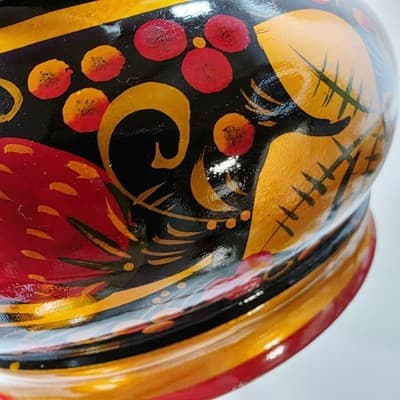 Vtg Lacquered Lidded Bowl w/ Spoon Strawberry Design Hand Painted Wood Lacquer - Thumbnail 9