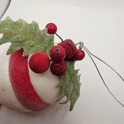 2 pc Red & White Peppermint Striped Sugared Teardrop Shaped Xmas Ornaments - Thumbnail 4