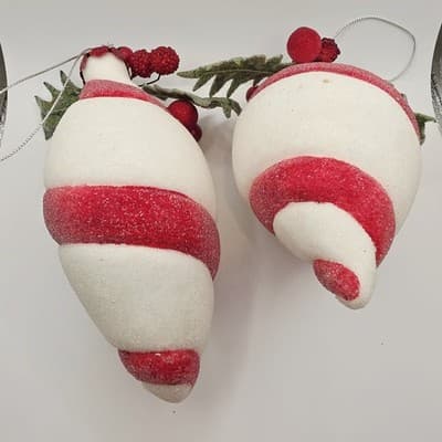 2 pc Red & White Peppermint Striped Sugared Teardrop Shaped Xmas Ornaments - Thumbnail 2