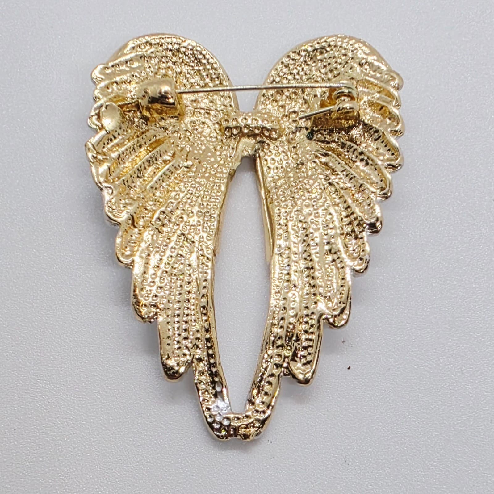 Gold Tone and White Enamel Angel Wings w/ Clear Rhinestones Brooch Pin - Thumbnail 3