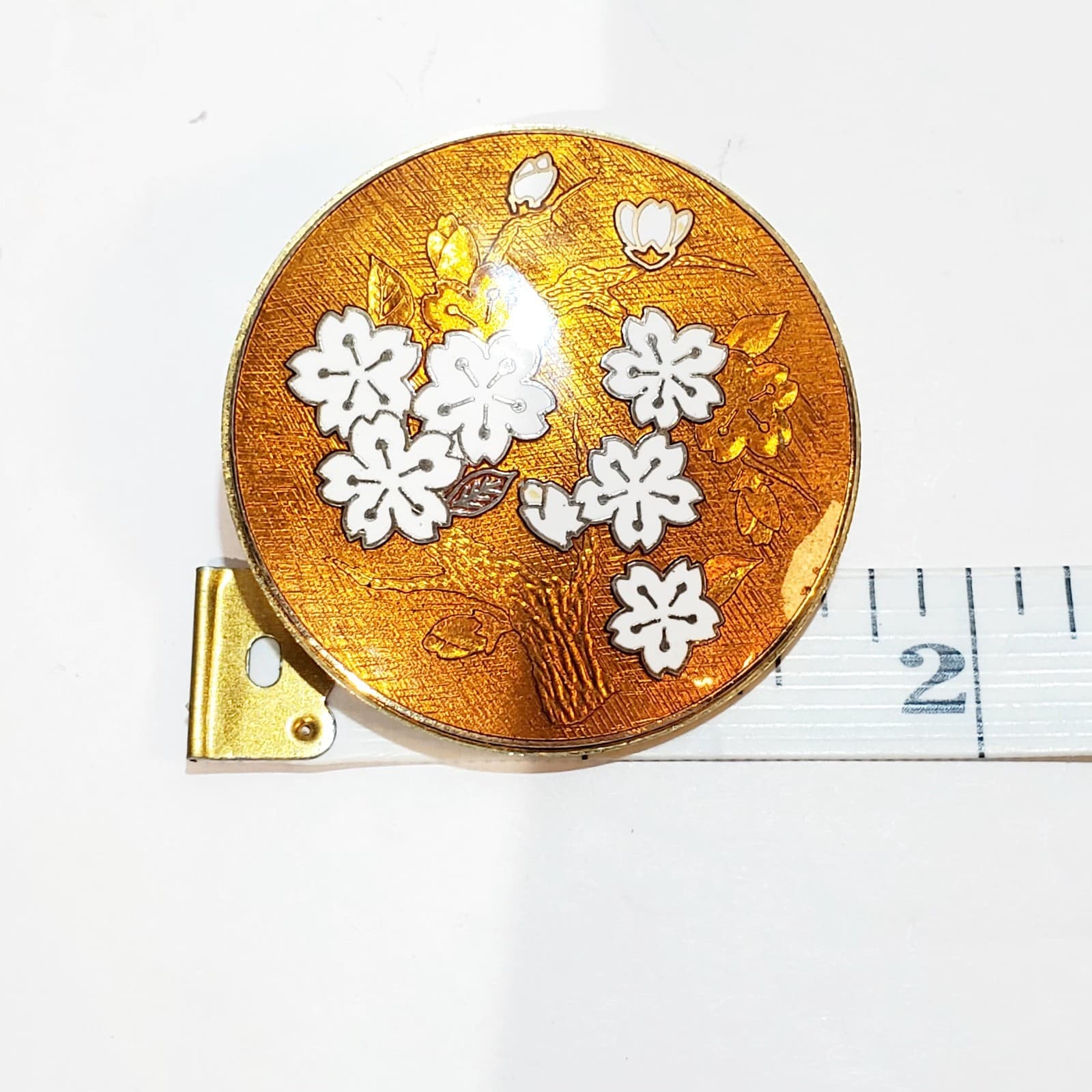 Vintage Gold Tone Metal and Enamel Round Floral Brooch Pin or Pendant - Thumbnail 3