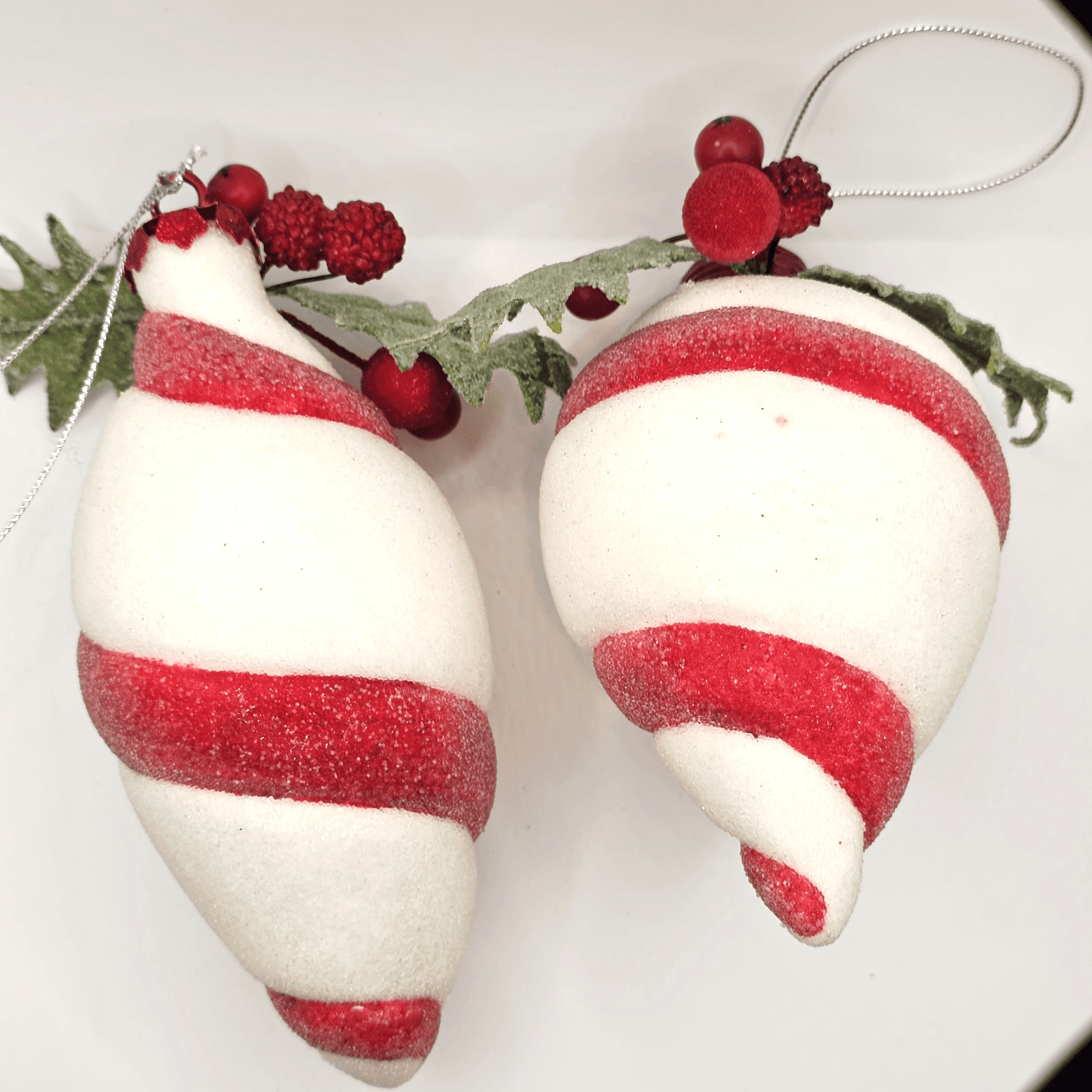 2 pc Red & White Peppermint Striped Sugared Teardrop Shaped Xmas Ornaments