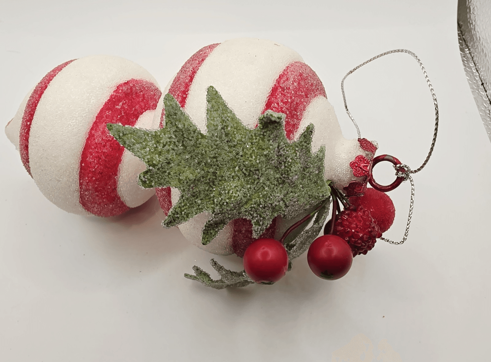 2 pc Red & White Peppermint Striped Shatterproof Sugared Teardrop Xmas Ornaments - Thumbnail 3