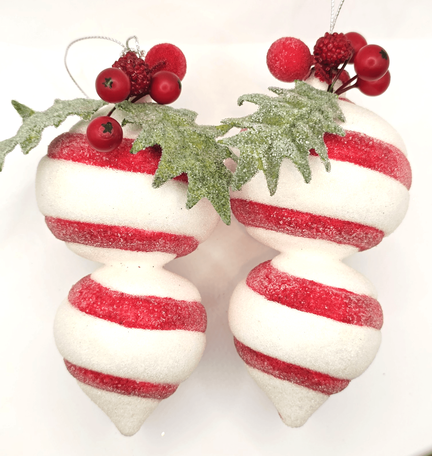 2 pc Red & White Peppermint Striped Shatterproof Sugared Teardrop Xmas Ornaments